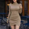 Wiosenna bawełna Długim rękawem Drees Kobiety Koreański Turtleneck Plised Kobieta Sukienka Nieregularne Solidne Krótkie sukienki Vestidos 12704 210512