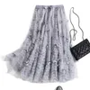 Весна лето 3D бабочка вышивка корейский стиль женщины сетка высокая талия MIDI длинный тюль плиссированная юбка женщина 210421