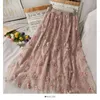 Skirts Womens Elegant Butterfly Patchwork Pleated Mesh Skirt Korean Japanese Kawaii Cute Long Faldas 210519