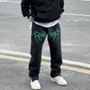 Высокая уличная мытья вышивка хип-хоп черные джинсы мужские свободные прямые трубки американский хип-хоп боковая молния брюки 211108