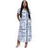 Czarny Biały List Drukowane Vintage Casual Afryki Dresses Dla Kobiet Letni Przyjazd Plaża Midi Robe Hurtownie 210525