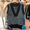 Wysokiej jakości Vintage Big V-Neck Sweter Kamizelka Sweter Koreański Moda Kamizelka Jesień I Zima Luźna Kamizelka Kobiet 210513