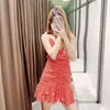 Women Dresses Red Floral Ruffle Backless Mini Woman Summer Sexy Thin Strap Draped Party Vestidos 210430