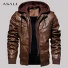 Casual Motorcycle PU Jacket Mens Winter Autumn Fashion Leather Jackets Male Slim Removable Hooded Warm Outwear Fleece Clothing 211111