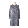 Houndstooth Navy Blue Tweed Set Två bitar Cardigan Ärmlös Tank Vest Dress Pearl Button Tassel Rough Eadge T0272 210514