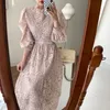 Hight Quality Fashion Elegant Runway Crochet Lace Dress Women's Long Lantern Sleeve Stand Collar A Line Dress vestidos 210514