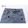 Hsa Summer Woman Mini gonna di jeans lavato Ricamo a cuore Donna Vita alta Elastico aderente Hip Saia jea 210430