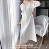 Kontor dam skjorta klänning kvinnor casual solid chiffong midi vit klänning kvinnlig design elegant klänning koreanska sommar 210521
