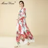 Printemps Eté Maxi Robe Arc Col rose Floral Prin Papillon Manches Longues Casual Vacances Bohème Lâche 210524