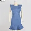 2020 Sommar Ruffle Dress High Waist Denim Dress Women Short-Sleep Zipper Round Neck Sexig Party Denim Jeans Bodycon Mini Dresses X0521