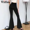 Viifaa Siyah Katı Yüksek Bel Skinny Flare Pantolon Kadınlar Dantelli Geri Slim Fit Femme Bahar Sıkı Pantolon 210319