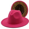 Roze en Luipaard Tweekleurige Wolvilt Fedora Hoeden Vrouwen Mannen Patchwork Brede Rand Jazz Formele Hoed met Lederen band346I