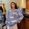 sweet Cloud Print sweater women's spring 2 round neck loose long sleeve knitted pullover tops female 210427