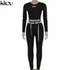 Kliou Letter Print Solid Two Piece Sets Women Crop Tops+Drawstring Leggings Tracksuits Sportswear Female Hot Outfits Y0625