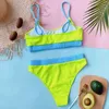 Żebrubowe dwuczęściowe garnitury 2023 Seksowne bikini zestaw wysokiej jakości talia falisty Neon Zielony zielony strój kąpielowy Kobiety Bandaż na plaży Monokini Swimodwear Push Up Kąpiec Biquinis S M L