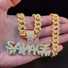 Hommes Hip Hop SAVAGE Lettres Pendentif Collier avec 13mm Miami Chaîne Cubaine Glacé Bling HipHop Colliers Mâle Bijoux De Mode X0707