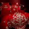 Juegos de cama de lujo oro real bordado rojo europeo boda conjunto 60S algodón egipcio funda nórdica sábana fundas de almohada colcha