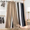 Vintage Cintura Alta Calças Mulher Café Elegante Loose Reta perna Pant Feminino Coreano Negro Negro Calças Mamãe Escritório 211112