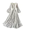 Spring Automne V eccolaire à la ligne Lanterne Robe à manches florales Impression haute taille haute Mid veau Femmes Robes 210521
