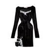 Autumn Winter Side Slit Lace Little Black Dress Long Sleeve Vestidos Female Slim Square Collar Velvet UK527 210506