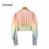 Kvinnors Blusar Unireal 2021 Sommar Vintage Kvinnor Satin Blusskjorta Långärmad Kort Rainbow Print Kvinna Sexiga Toppar