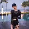 Seaside Black Mesh See-through Swimsuit Sexy High Waisted Spring Swiming Suit Women Swim Swimwear 3 Piece Bikini Set Women's