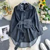 Frühling Vintage Schärpen Schlanke Taille Jeans Mantel Frauen Denim Jacke Koreanische Tasten Backless Lange Oberbekleidung 210510