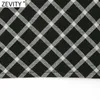 Zevity Women Vintage Organza Strap Patchwork Geometric Short Chic Strikkad T Shirt Ladies Slash Neck Casual Slim Crop Tops LS7553 210603