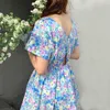 コレスパアの女性のドレス夏の韓国のシックな西洋風の柔らかい花の円形のネックボタンオープンバックプリーツ半袖vestido 210526