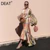 DEAT Summer Fashion Women Clothes Round Neck Lantern Sleeves High Waist Striped Pullover Long Dress Rainbow WS35009 210709
