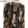 Fashion Women Vintage Floral Print Blouse Lace Up V Neck Lantern Sleeve Casual Boho Top Plus Size Blusas Summer Tops 210514