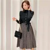 Kleur-geblokkeerde Houndstooth Gebreide Vrouwen Jurk Winter Lange Mouw Single-Breasted Belted Plooited Elegante Jurken Vestidos 210513