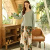 Primavera verão floral impresso pijama sleepwear fêmea casual v pescoço manga longa elástica cintura nightwear pajamas retro set 210830