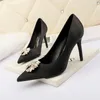 Dress Shoes Fashion High Heels Women Metal Decoration Pointed Toe Pumps Sexy Slip On Shallow Slide Black Red Zapatos De Mujer