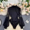 Women's turtleneck lace lantern sleeve shirt sexy hollow out Ins fashion design stitching blouse elegant ladies tops 210603