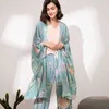 JULY'S SONG 4 Piece Spring Summer Women Pajamas Sets Floral Printed Viscose Robe Top and Shorts Female Sleepwear Night Suit 210713
