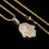 DZ Bling glacé CZ Hamsa main Baguette pendentifs colliers pour hommes rappeur bijoux avec pendentifs à breloque arrière solide X0509