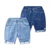 European American Style 3 4 6 8 10 12 Years Kids Sports Pocket Elastic Waist Handsome Summer Hole Denim Shorts For Baby Boys 210529