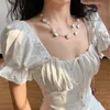 Lucyever Yaz Beyaz Zarif Kare Yaka Elbise Kadın Moda Ruffles Puf Kollu Mini Elbiseler Kadın Parti Elbise Lady 210521