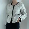 Jesień Zima Kobiety Vintage Woven Plaid Tweed Kurtka Płaszcz Przycisk Pojedynczy Breasted Silm Office Lady Kieszenie Woolen Odzieży Wierzchniej 210514