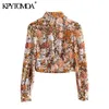Kpytomoa kadın moda ile bow bağlı çiçek baskısı kırpılmış bluzlar vintage uzun kollu düğme dişi gömlekler şık tepeler 210326