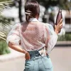 Sommar Kvinnor Chiffon Blusskjorta Sexig Genomskinlig Mesh Beading Puff Sleeve Kvinna Kontor Shirts Lady Blusa Outfits 210607