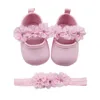 Pierwsi Walkers Baby Baptism Shoes and Headplage Set Soft Cotton Sole Floral Mary Jane Mieszkania Hairband 2 kawałek do dziewcząt niemowląt