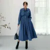 Robe Vintage Chic Maxi longue robe en jean automne hiver simple boutonnage ceinturé femme jean robe lâche Vestidos 210422