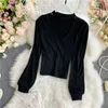 Dames Halter Cross V-hals Lange mouwen T-shirt Puff Sheeve Soft Koreaanse stijl Solid Color Vrouwelijke Tops UK110 210507