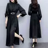 Frühling Schwarz Vintage Mode Frauen Lange Kleider Laterne Hülse Stehkragen Gürtel Splitting Kleid Koreanische Elegante Vestidos 210513