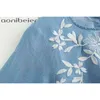 Frühling Stickerei Denim Shirt Frauen Langarm Bluse Baumwolle Weiche Jeans Blau Casual Lose Blumen Tops 210604