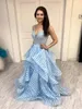 Party Dresses Stripe Prom Dress 2022 Ball Gown Ruffle kjol Vestidos de Fiesta Largos Elegantes Gala Blue Long Homecoming V Neck