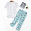 2ピース夏の女性Pajamasセット漫画バスプリント居心地の良いコットントップとズボンは女性のナイトP05801B 210421