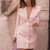 PUWD Casual vrouw roze slanke band mini jurk lente elegante vrouwelijke v-hals korte es dames zoete lange mouw 210522